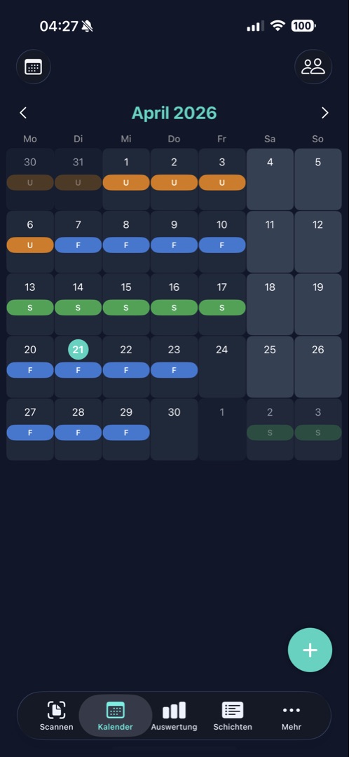 Kalender-Ansicht der ShiftScan App