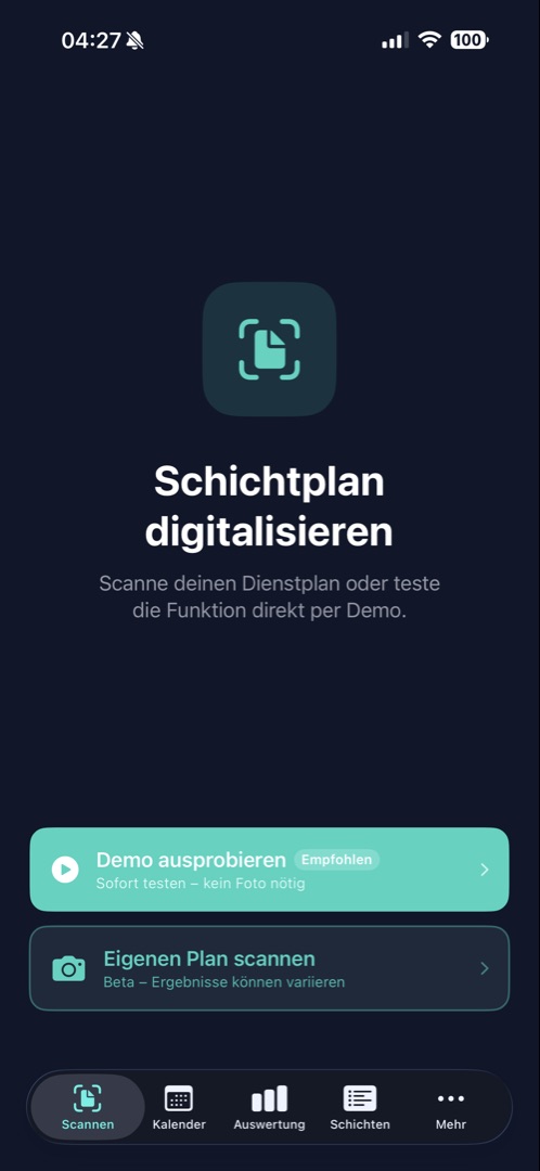 Scan-Screen der ShiftScan App